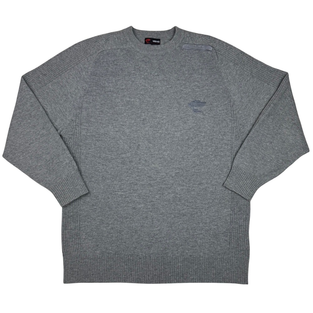Versace Sport Wool Blend‎ Sweater Mens Grey Embroidered Logo Man's Fashion Patch